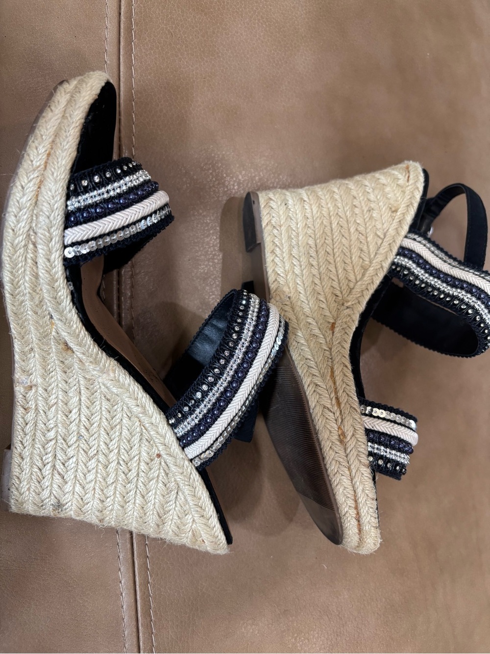 Andiamo Black Beaded Wedge Sandals with Ankle Strap - Picture 8 of 8